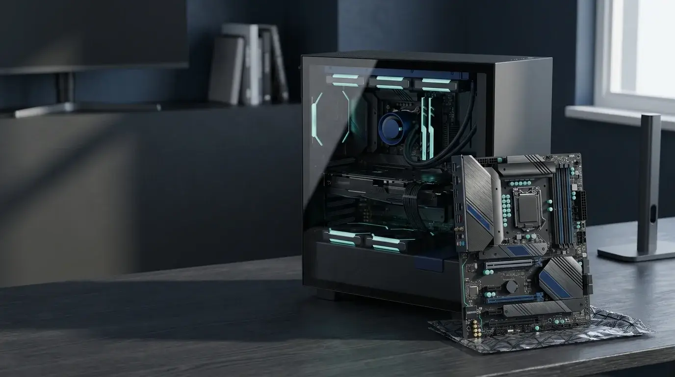A modern gaming PC and motherboard on a dark desk, illustrating PC startup security