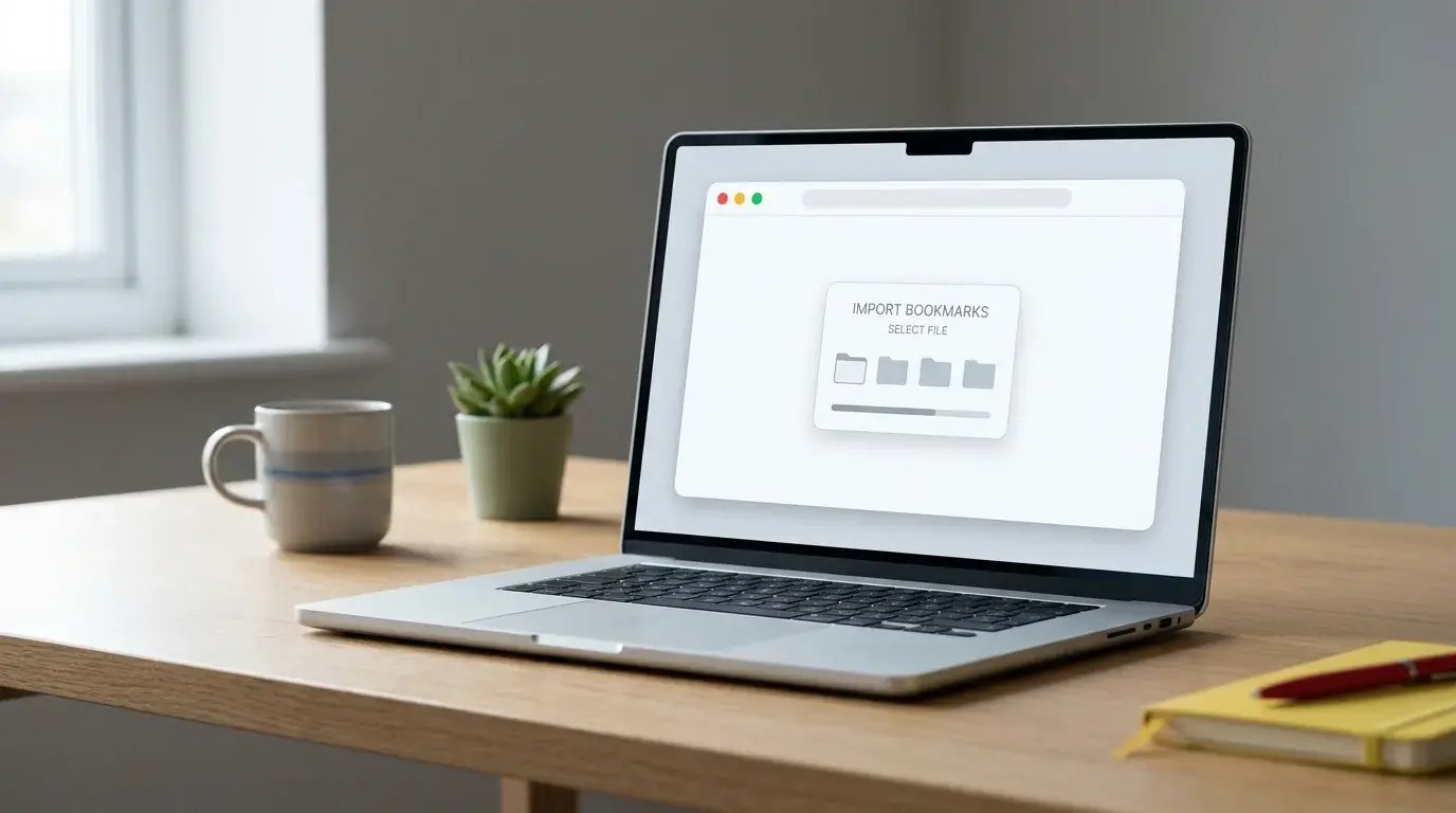 Laptop displaying a browser bookmarks import workflow in Chrome