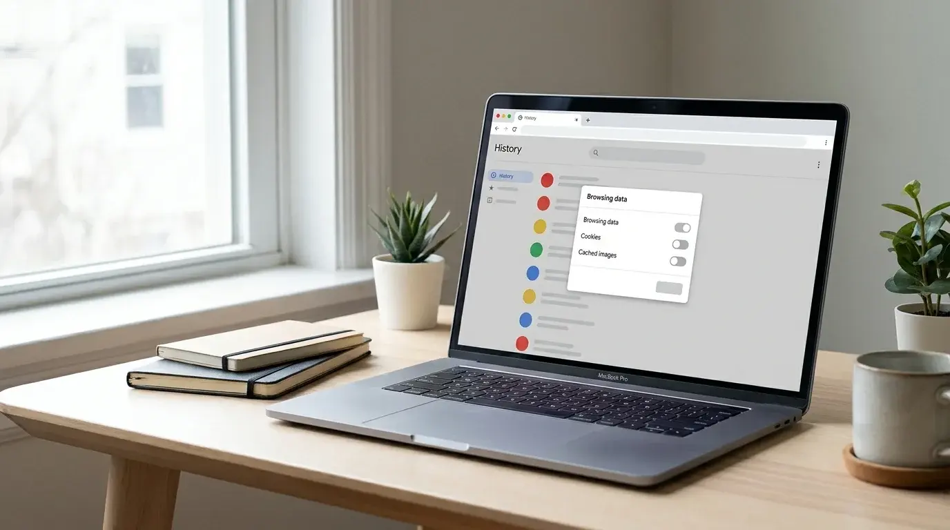 Laptop showing a browser history management screen in a clean desktop workspace