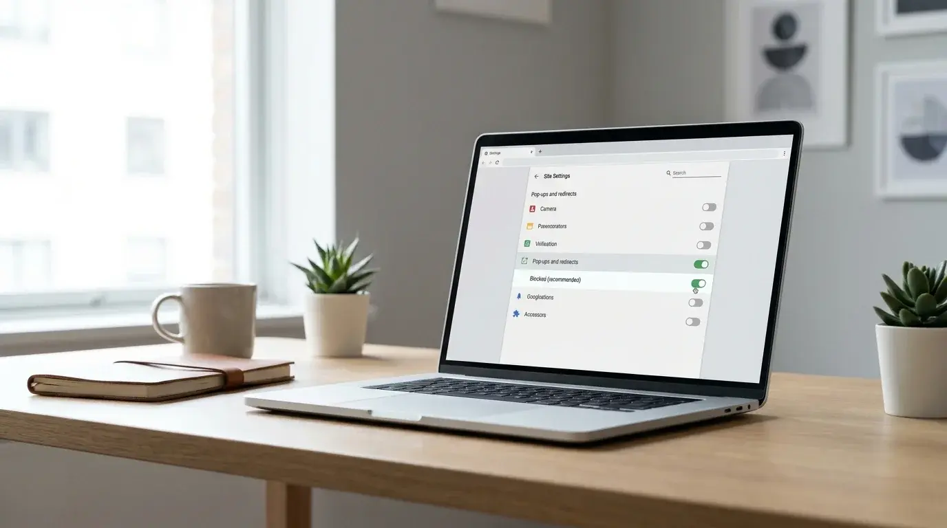 Laptop showing a Chrome-style pop-up and redirect settings panel
