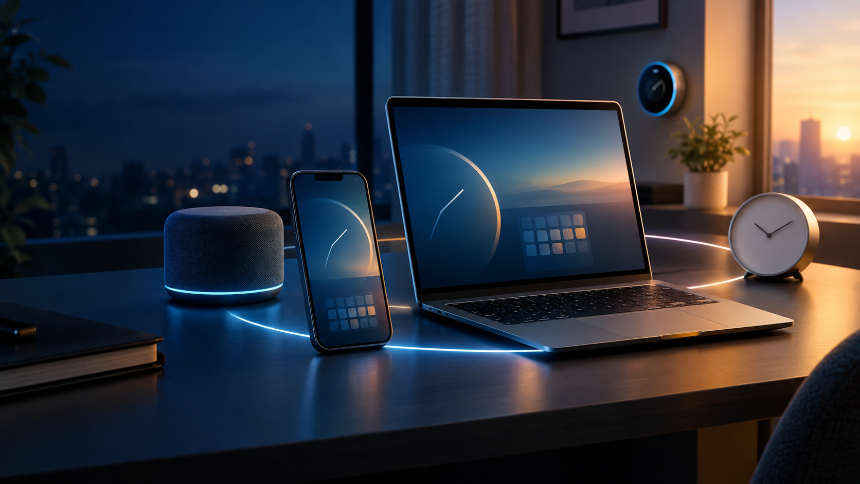A smartphone, laptop, smart-home hub, and analog clock arranged in a refined technology workspace to represent automatic time updates