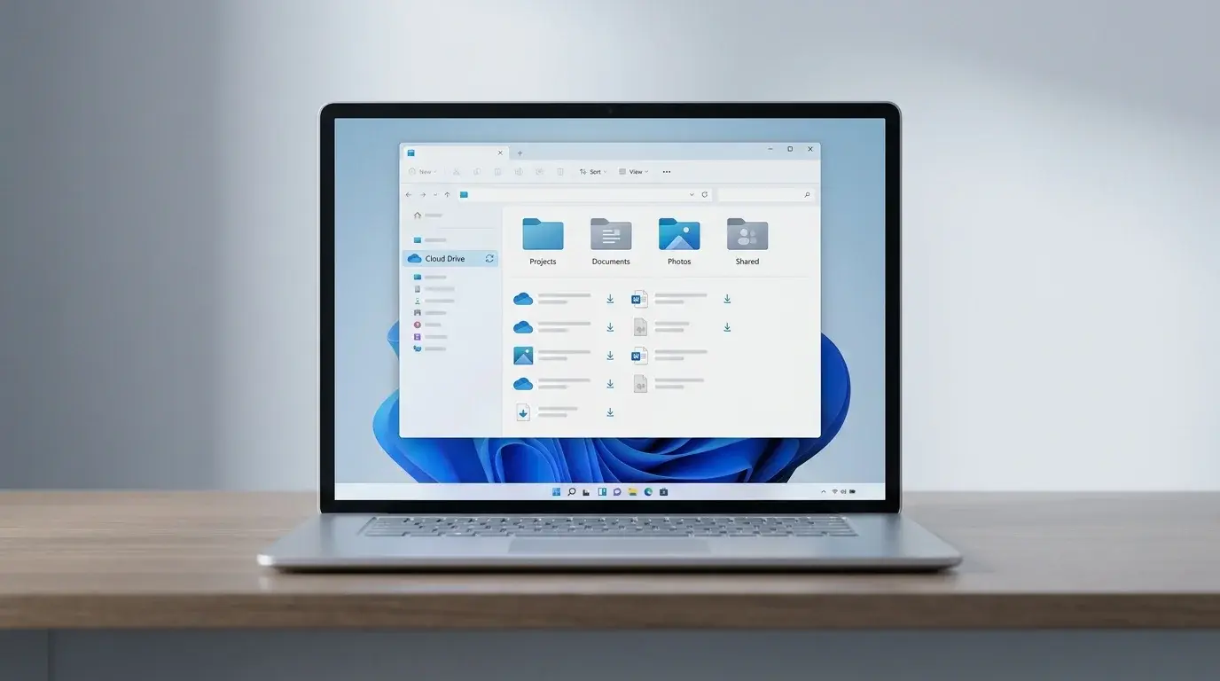 Windows laptop with File Explorer open beside a Google Drive cloud storage illustration