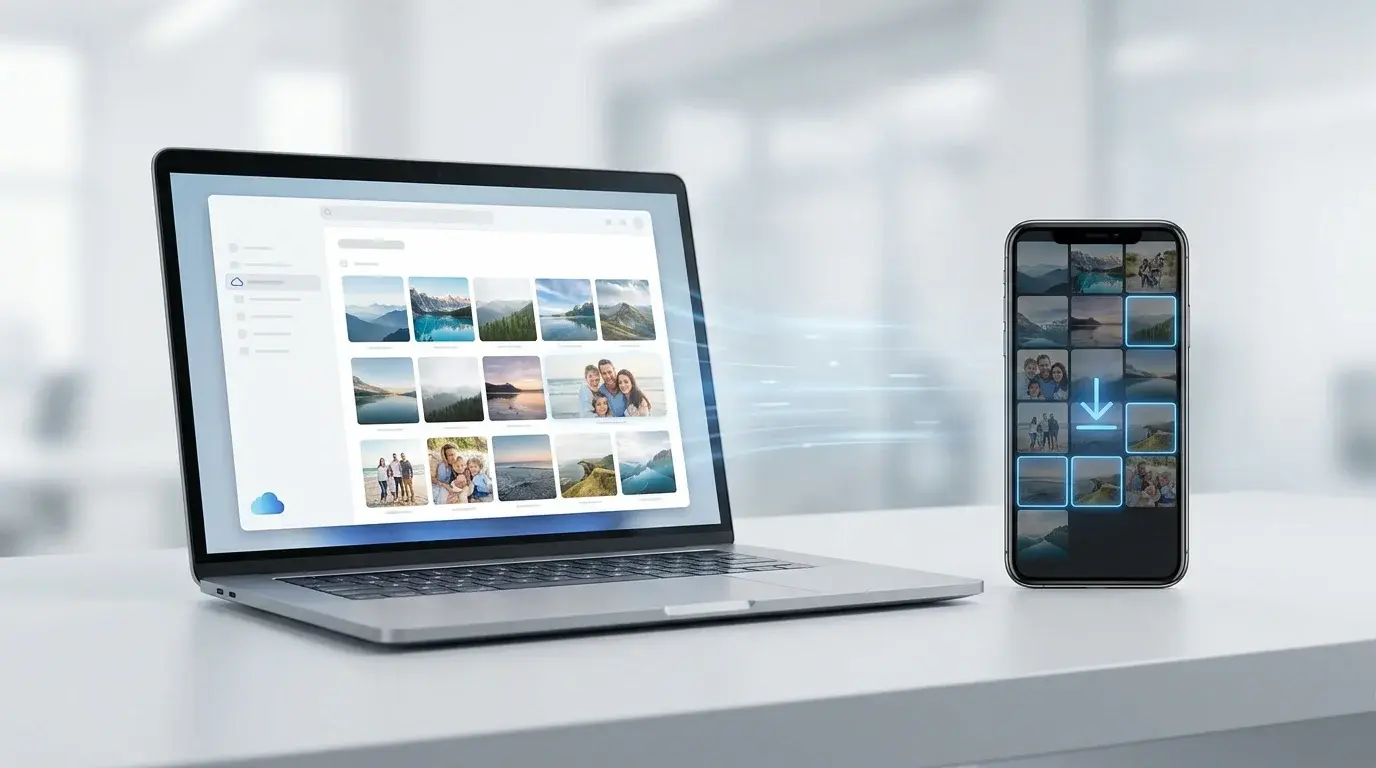 A laptop and smartphone showing a generic photo library beside a download symbol, illustrating how to save Google Photos to a device