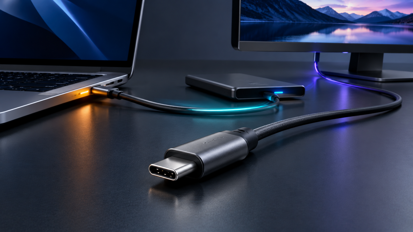 Editorial diagram detailing the three independent dimensions of USB-C: power wattage tiers, data bandwidth rates, and video display protocols
