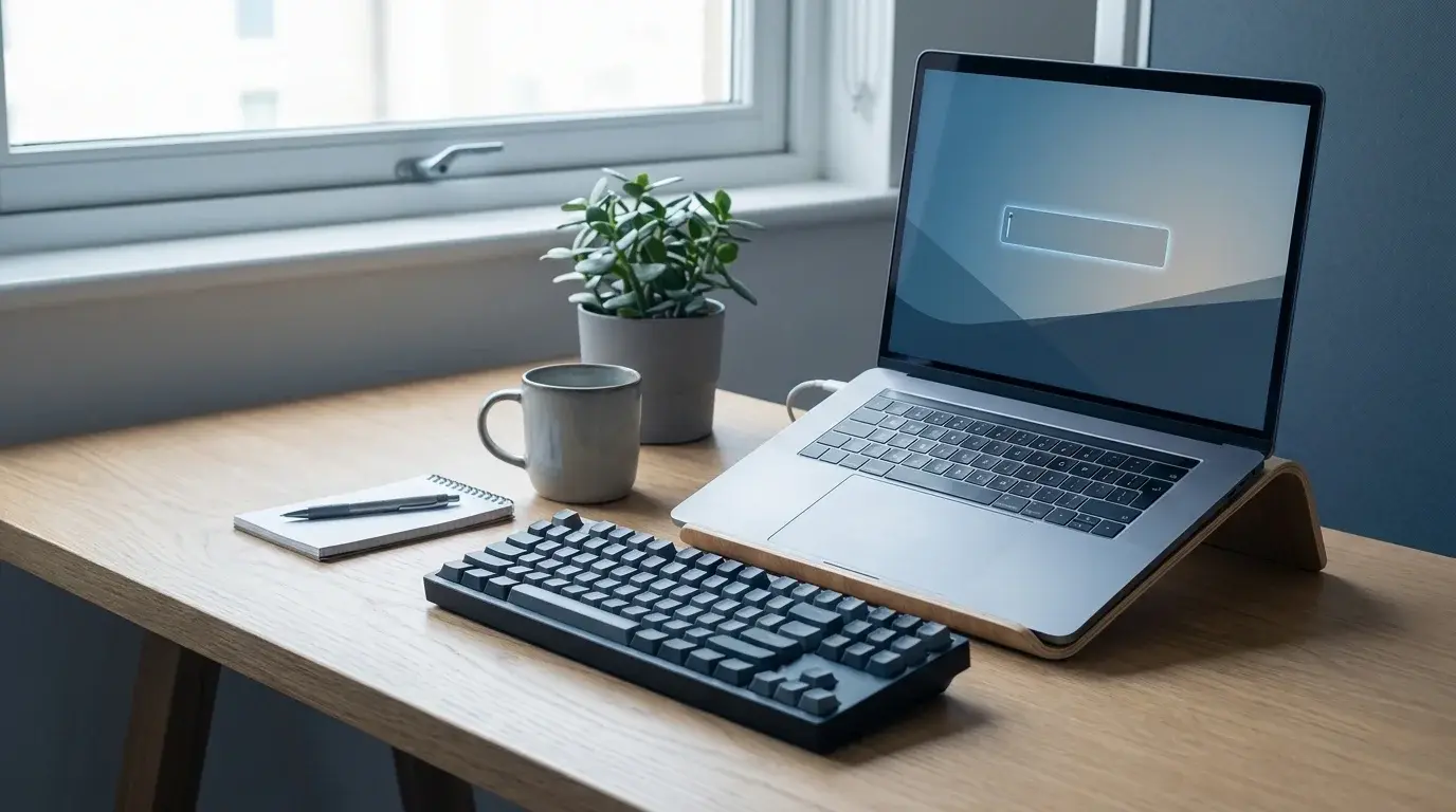 A laptop and external keyboard on a desk while troubleshooting keyboard input in Windows 11