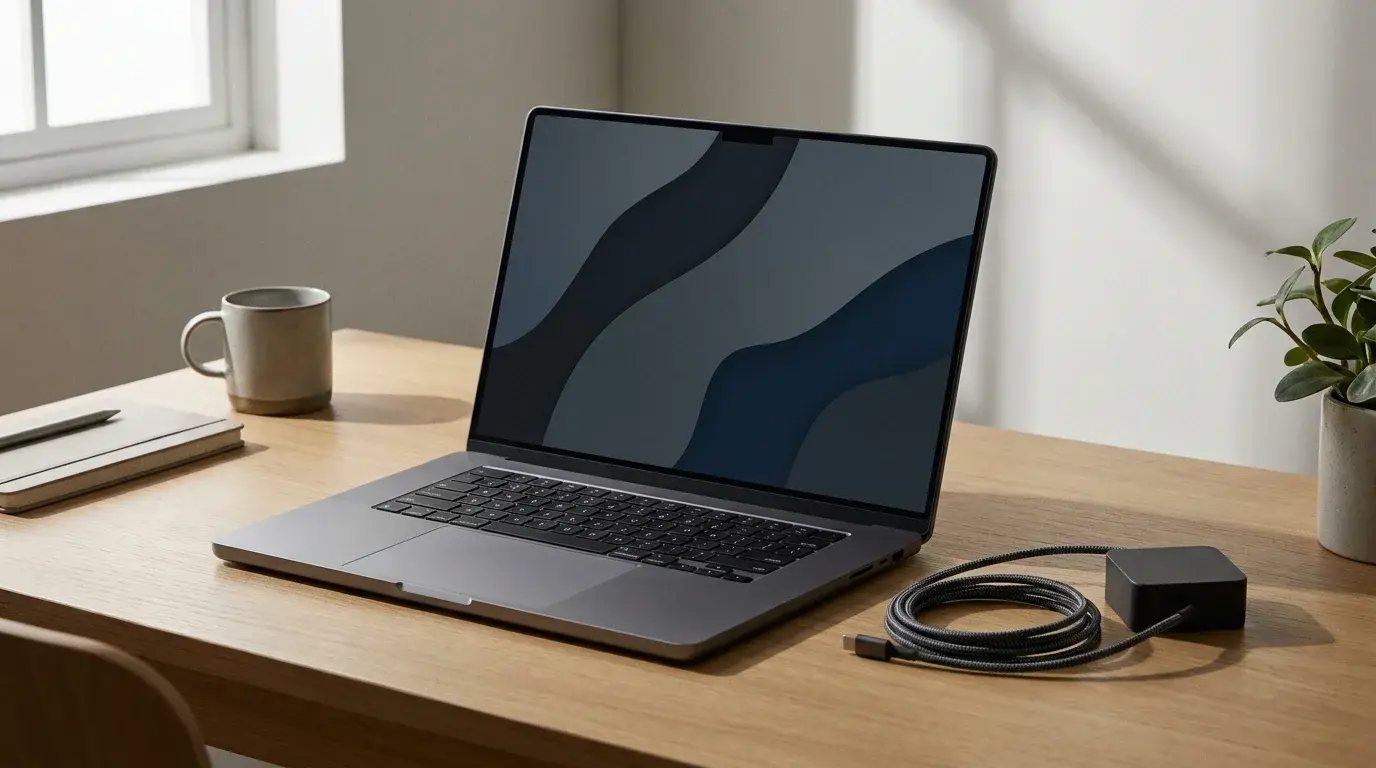 A laptop beside its charger on a tidy desk, illustrating a laptop battery health check