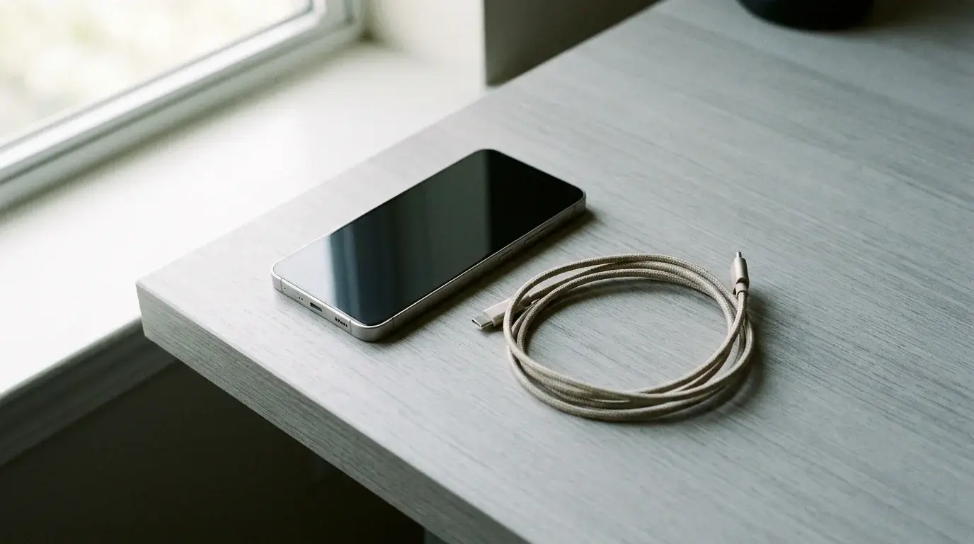 A Samsung Galaxy smartphone beside a USB-C charging cable on a tidy desk, illustrating a battery condition check