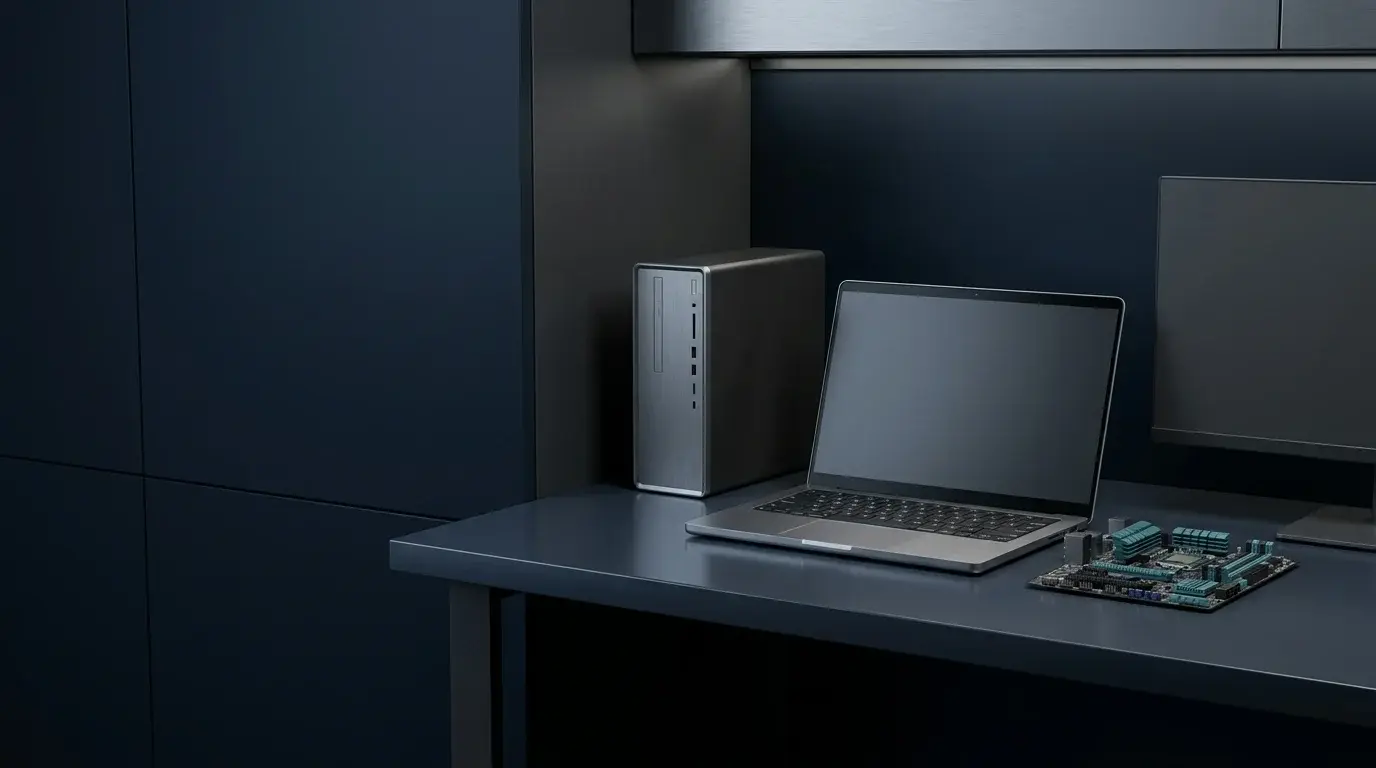 A modern unbranded PC and laptop on a dark desk, illustrating Secure Boot troubleshooting