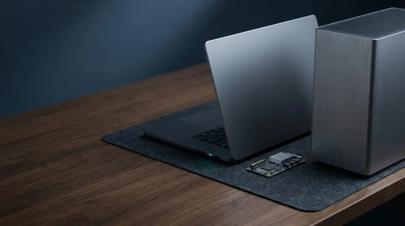 A modern PC and motherboard on a dark desk, illustrating UEFI firmware and Secure Boot key configuration
