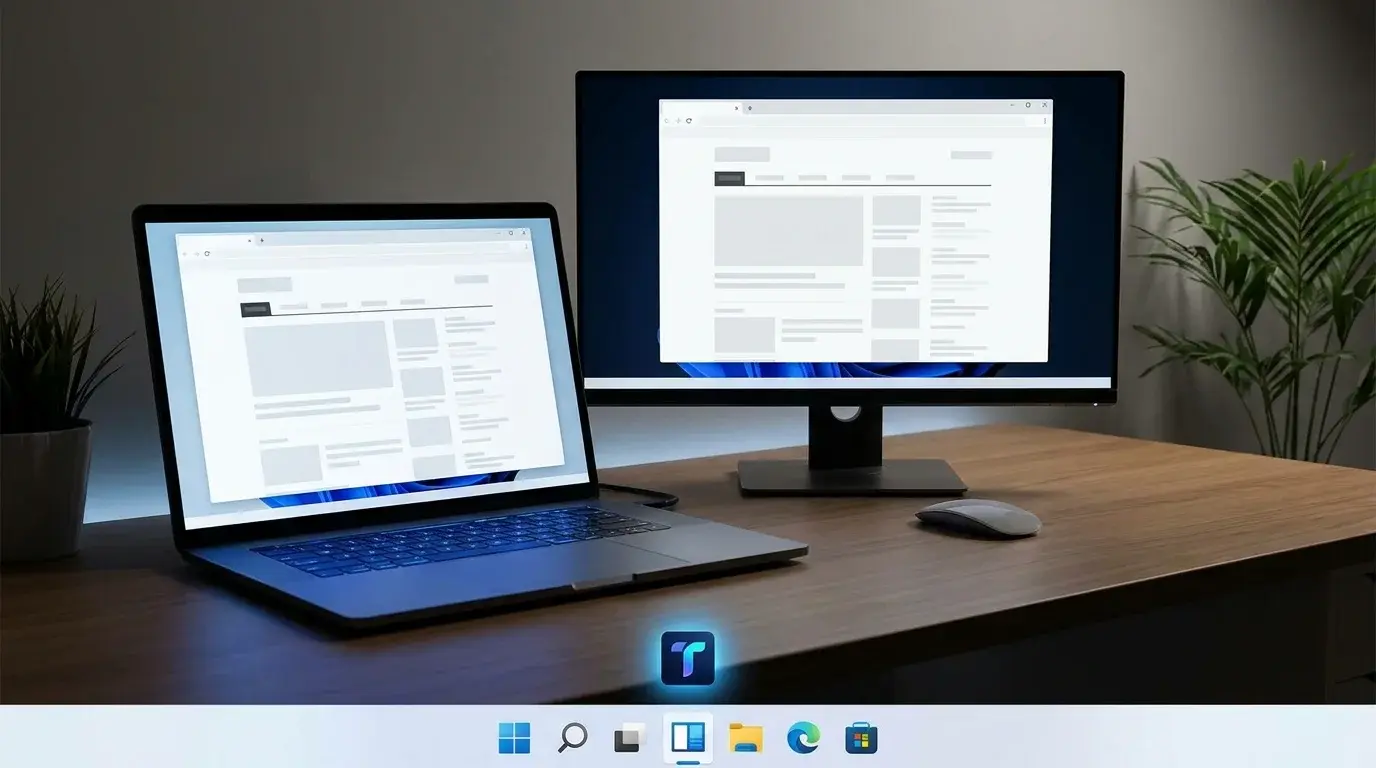 A Windows 11-inspired desktop with a favorite website shortcut pinned to the taskbar