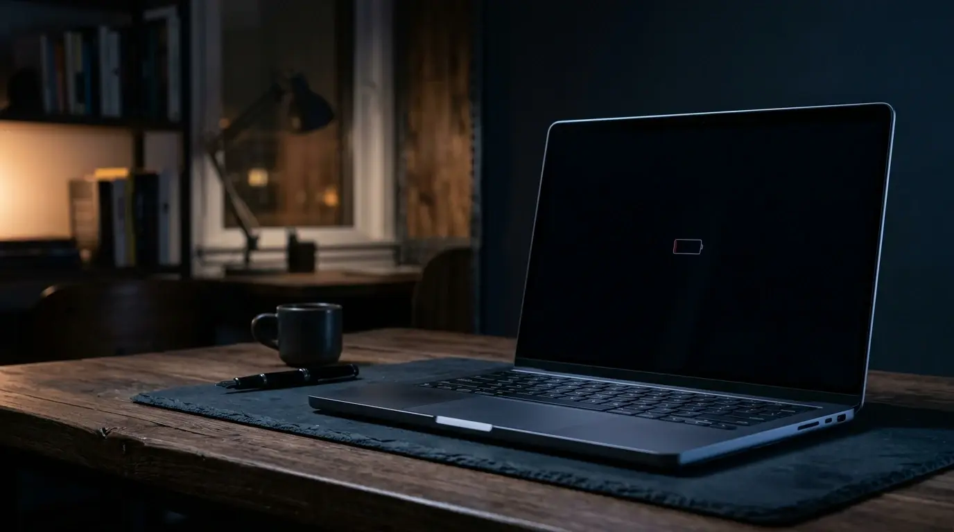 A sleek modern laptop resting closed on a dark home office desk in quiet moody night lighting with a dim battery symbol