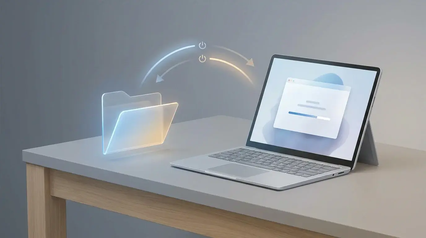 Laptop with a Windows-inspired desktop illustrating the Fast Startup process