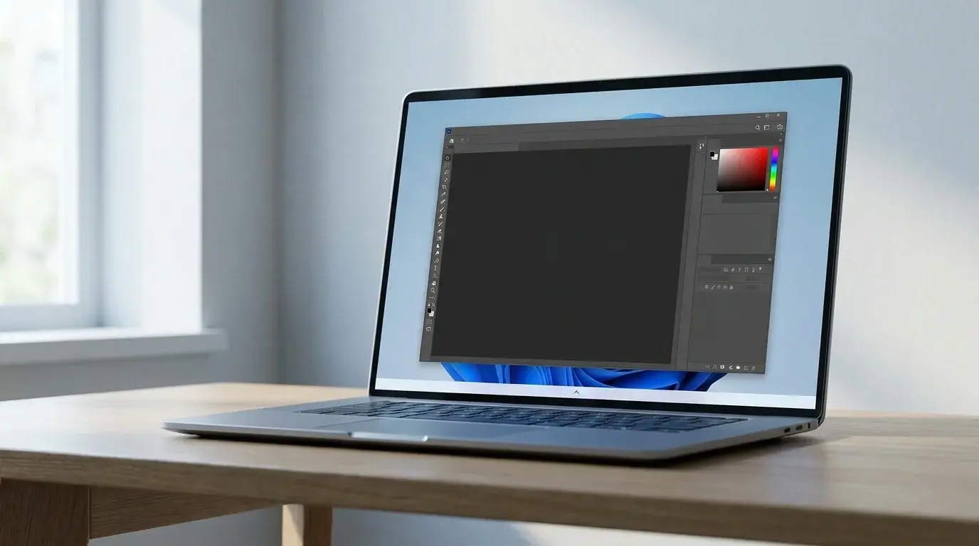 A Windows 11-inspired desktop with the taskbar hidden to leave more space for an open window