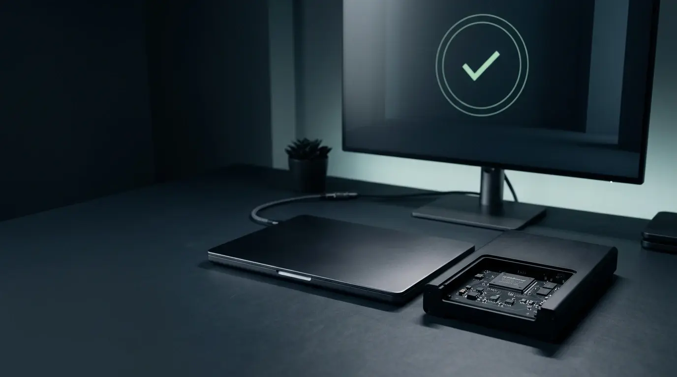 A sleek laptop and desktop hardware setup on a dark desk with an abstract security shield status indicator on a background display