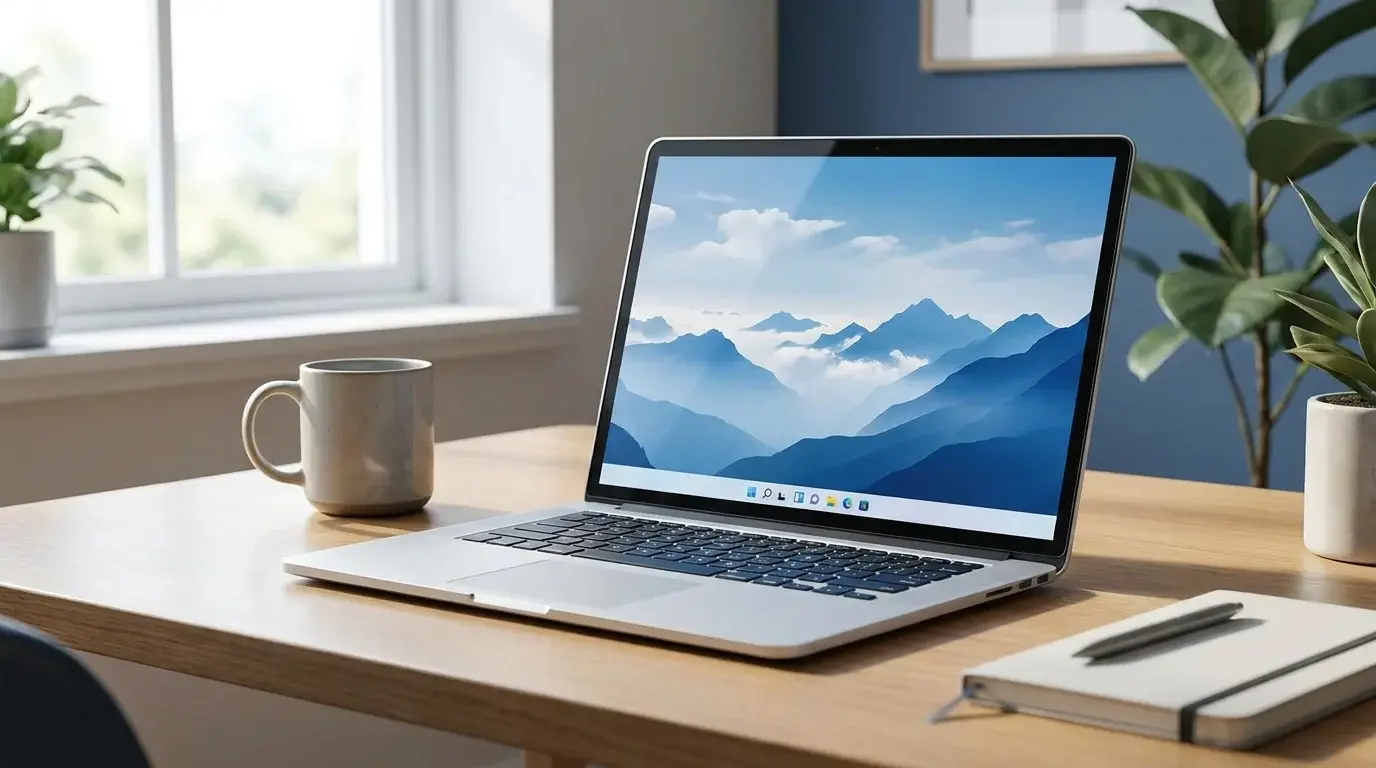 A Windows 11-inspired desktop with a translucent taskbar that blends with the wallpaper