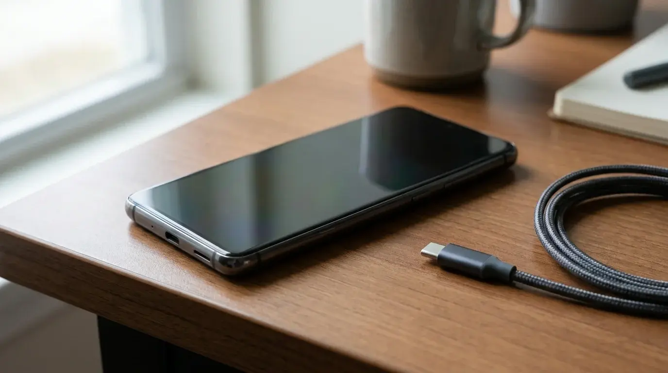 An Android smartphone beside a USB-C charging cable on a clean desk, illustrating a battery health check