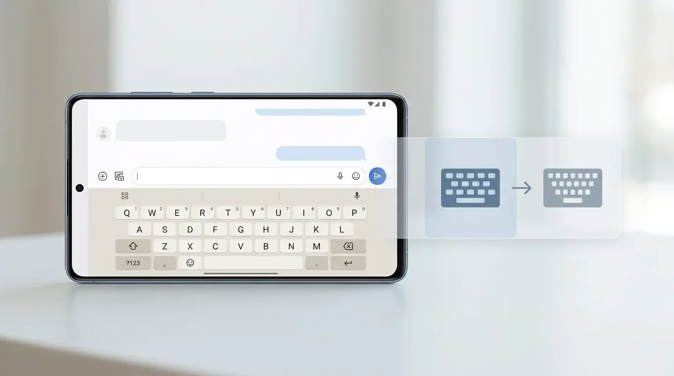 Android phone showing a keyboard input-method selector beside an on-screen keyboard