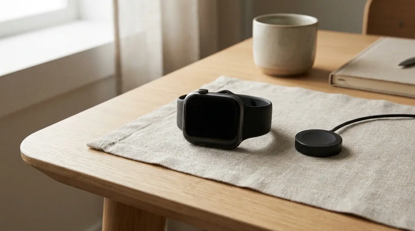 An Apple Watch on a clean desk beside its magnetic charging puck, illustrating a battery health check