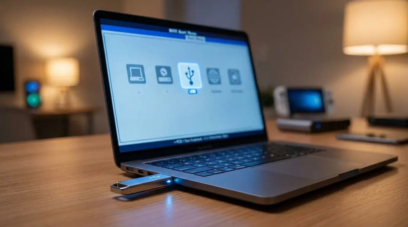 USB flash drive connected to a Windows PC with a startup boot menu on screen