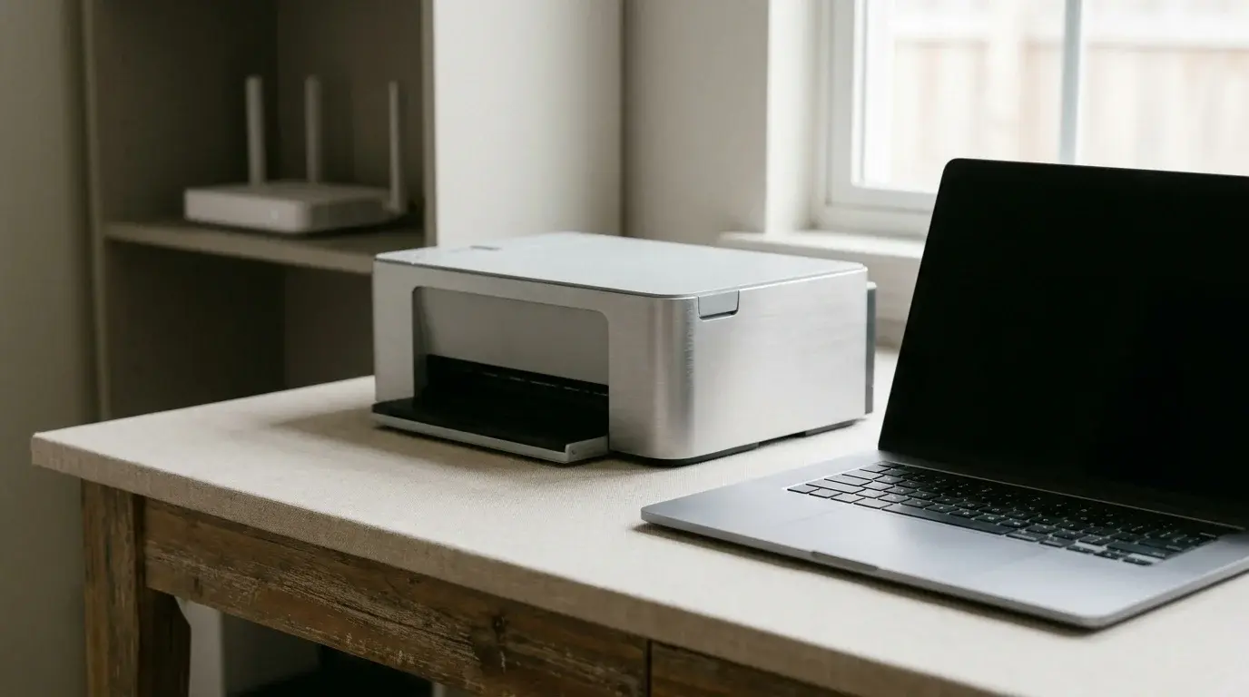 A home printer beside a laptop and wireless router, illustrating recurring printer connection problems