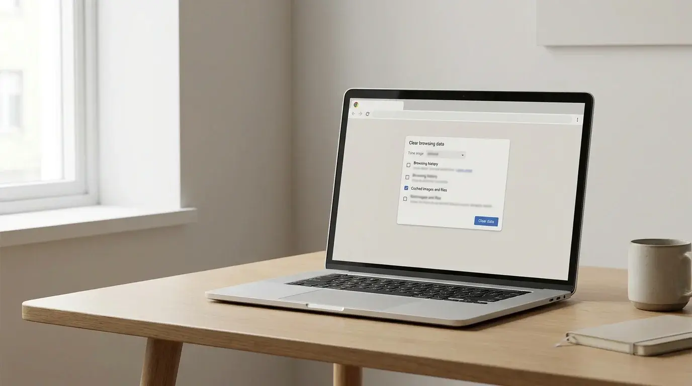 Laptop showing a browser's clear browsing data screen for removing cached files in Chrome