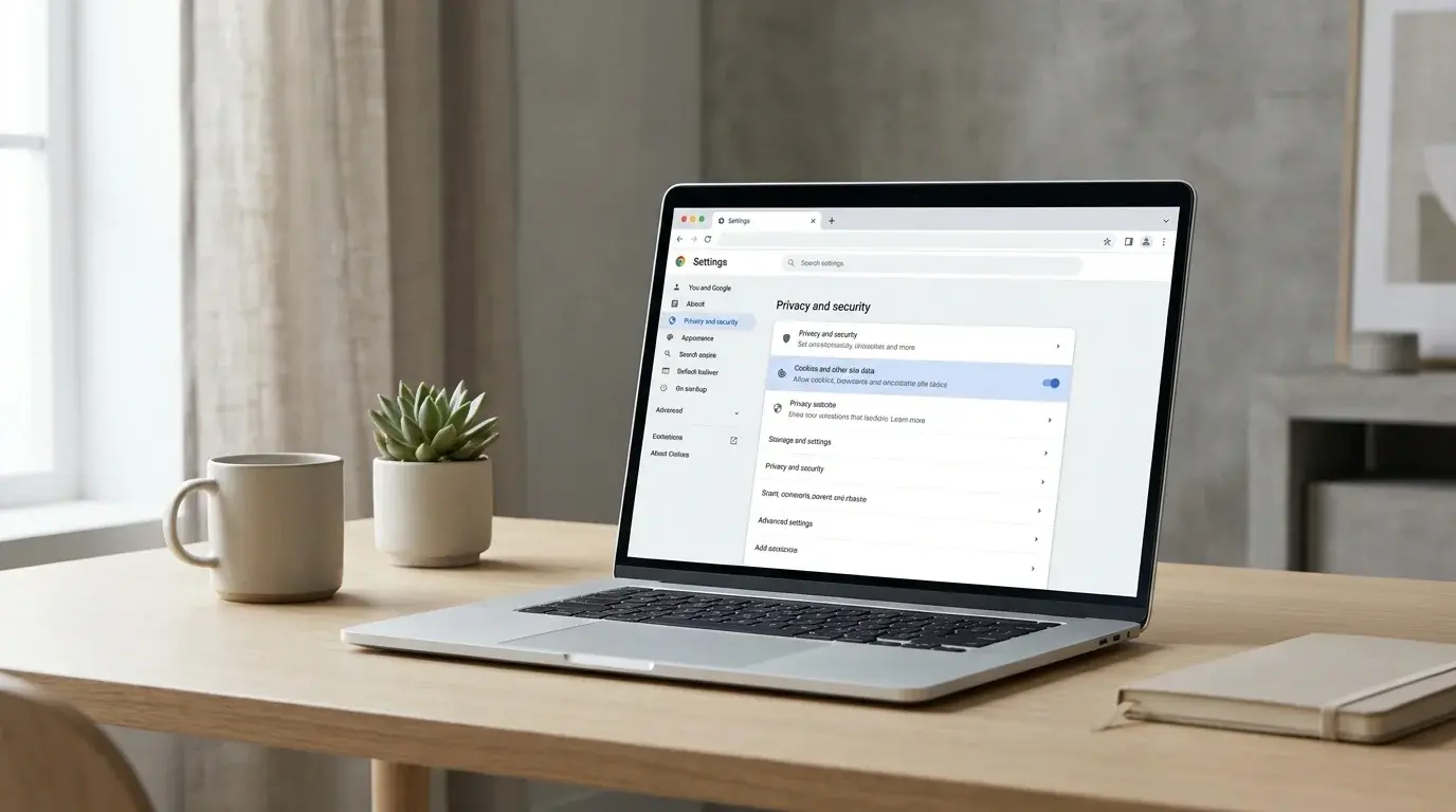 Laptop displaying a browser privacy screen for managing and deleting website cookies