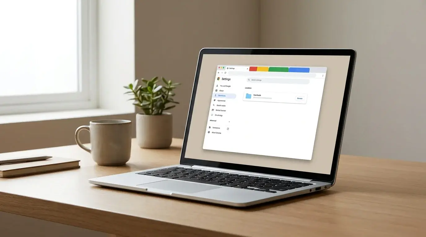 Laptop displaying Google Chrome download settings for choosing where downloaded files are saved