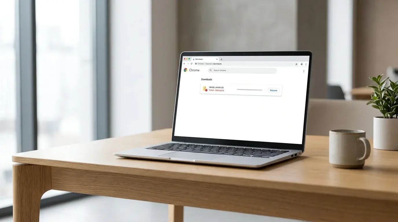 A laptop showing Chrome's downloads page while troubleshooting a file that will not download