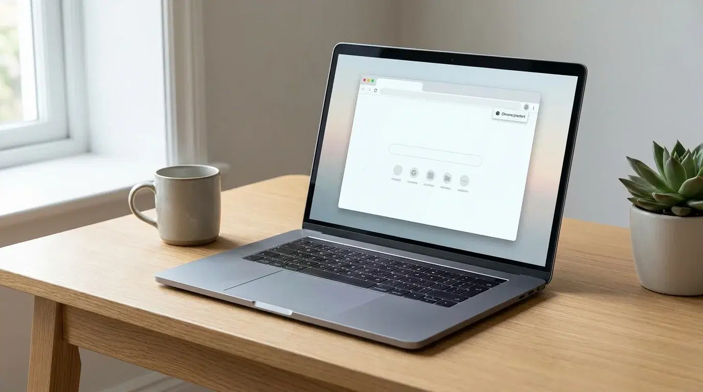 Laptop showing a Chrome browser window and troubleshooting settings on a clean desk
