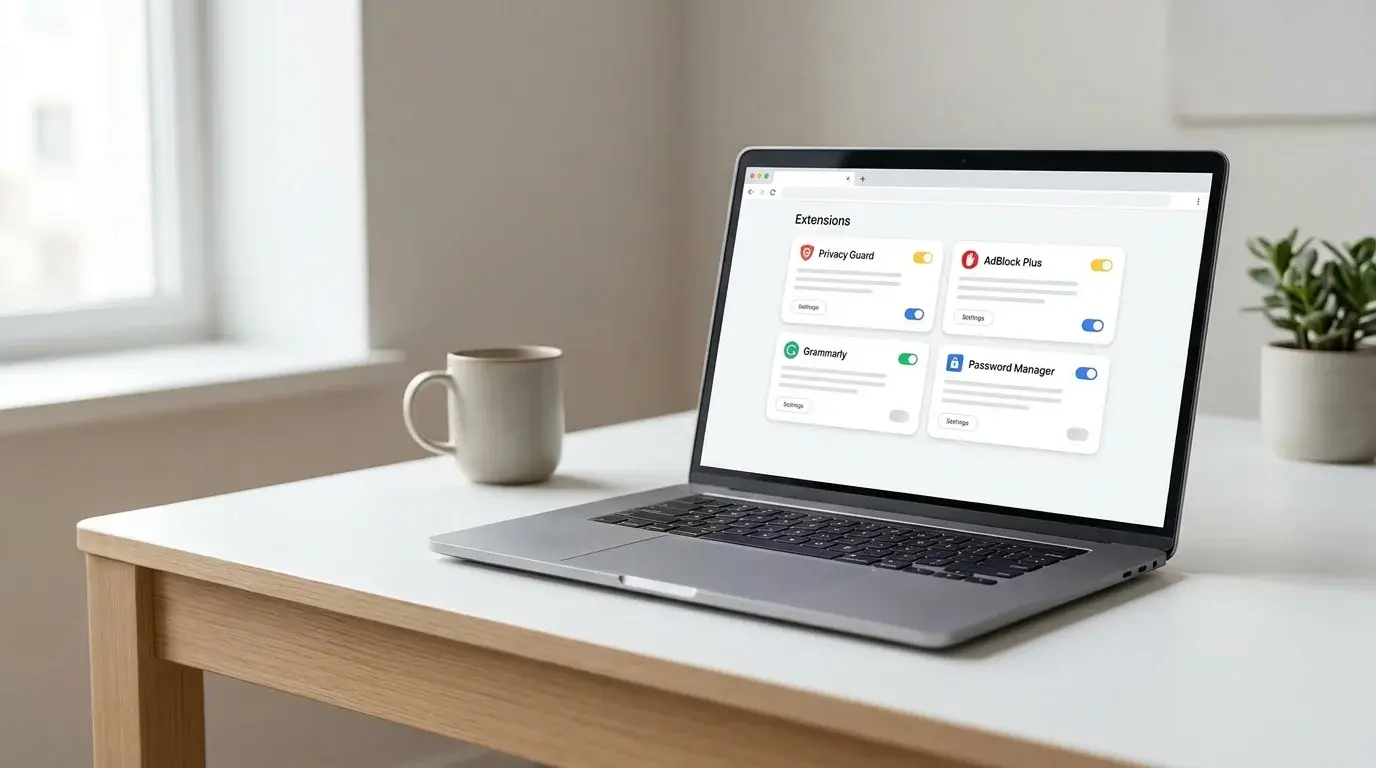 Desktop browser window showing a Chrome-style extensions management screen on a laptop