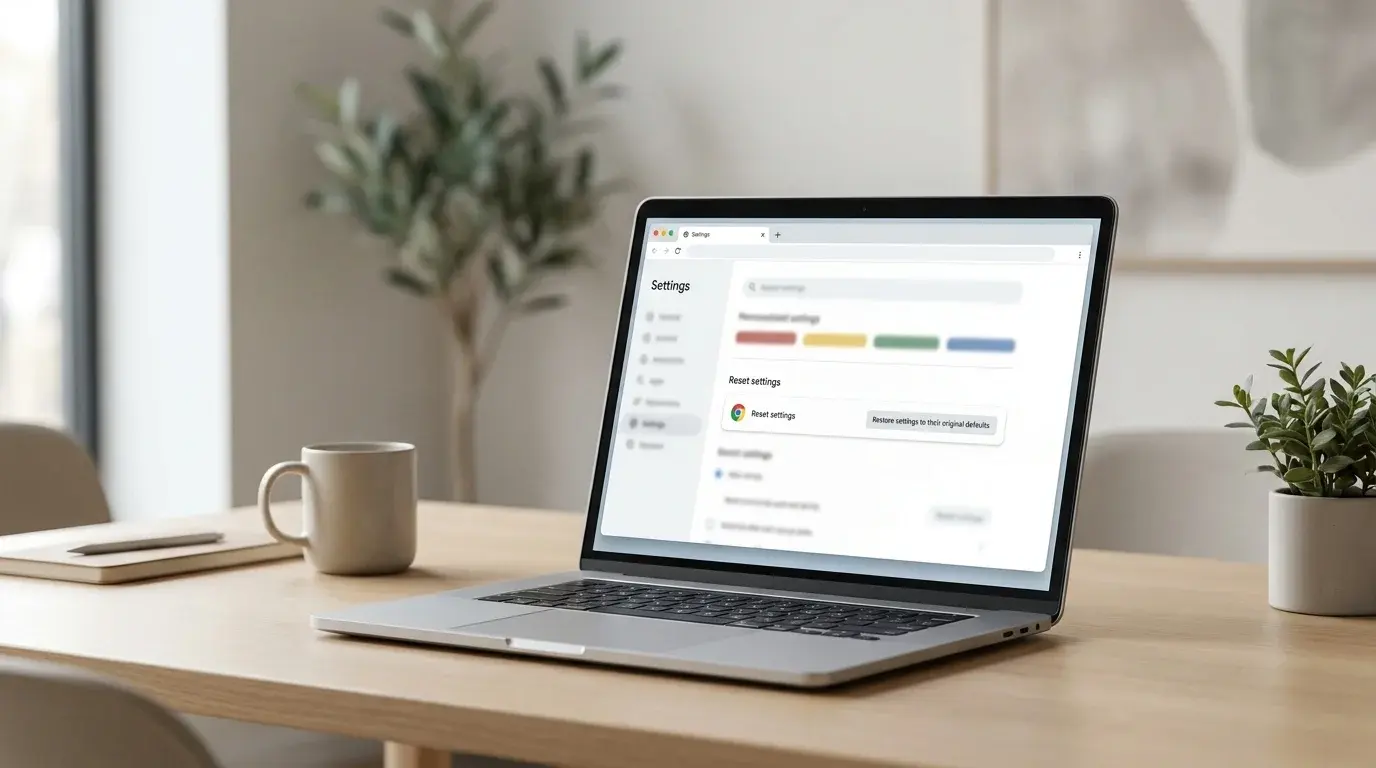 Laptop showing a Chrome-inspired settings screen for restoring browser settings to their defaults