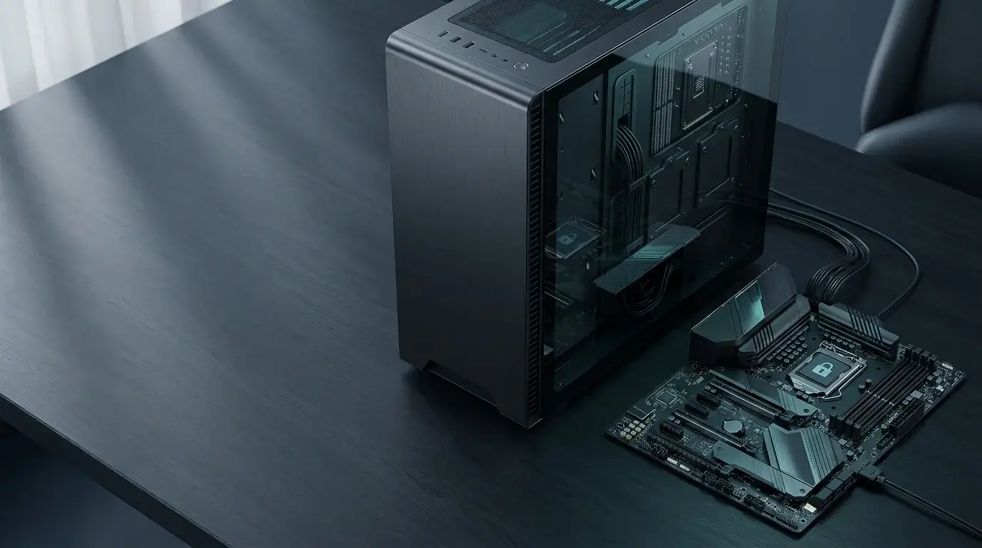 A modern unbranded desktop PC and motherboard arranged on a dark desk for a Secure Boot troubleshooting guide