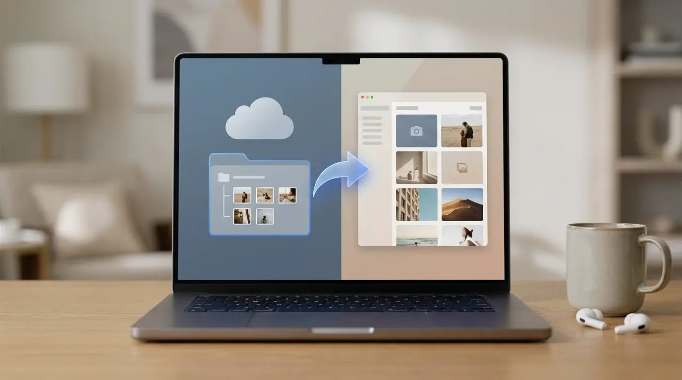 A laptop showing a cloud-drive folder and a separate photo-library interface, illustrating how to copy photos from Google Drive to Google Photos