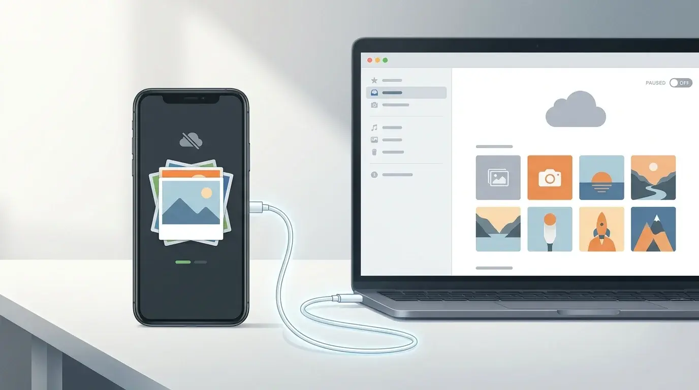 A smartphone beside a laptop displaying a generic photo library and cloud backup symbol, illustrating Google Photos backup settings