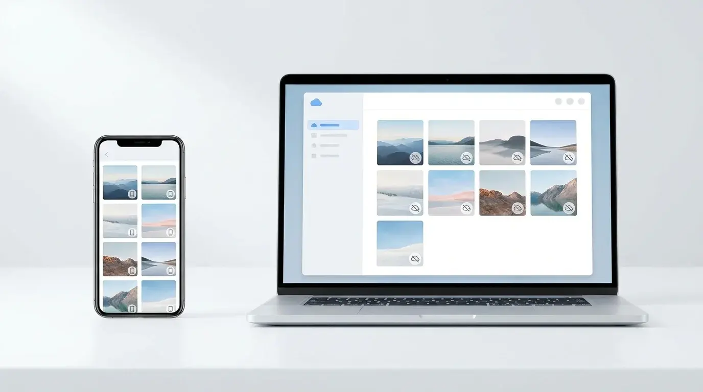 A smartphone with a local photo gallery beside a laptop showing a generic cloud photo library, illustrating the difference between device photos and cloud backups