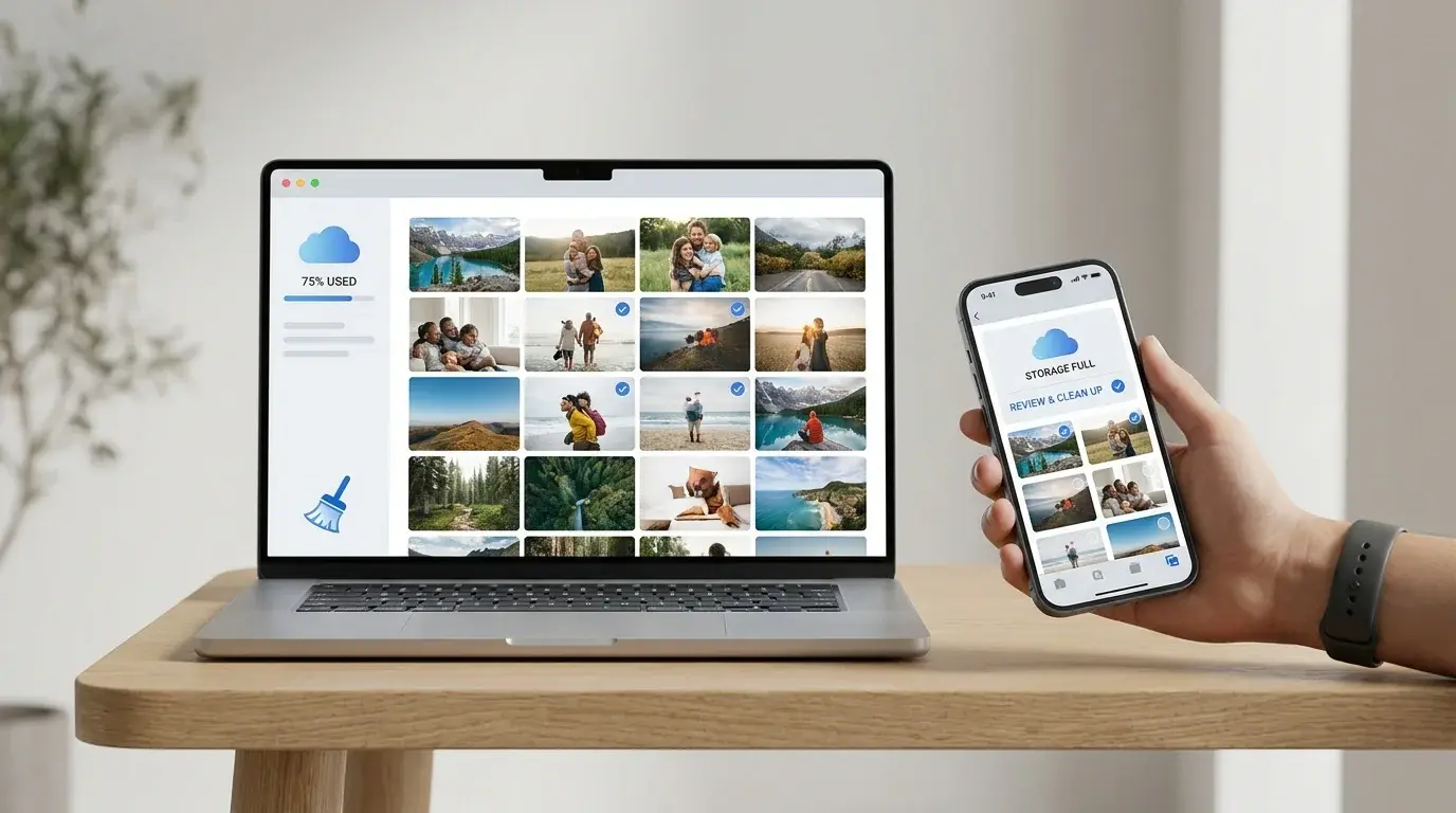 A laptop and smartphone showing a photo library beside a cloud-storage indicator, representing Google Photos storage cleanup