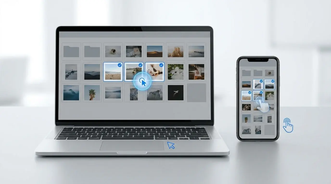 A laptop and smartphone showing a generic photo library with multiple thumbnails selected, illustrating bulk photo selection