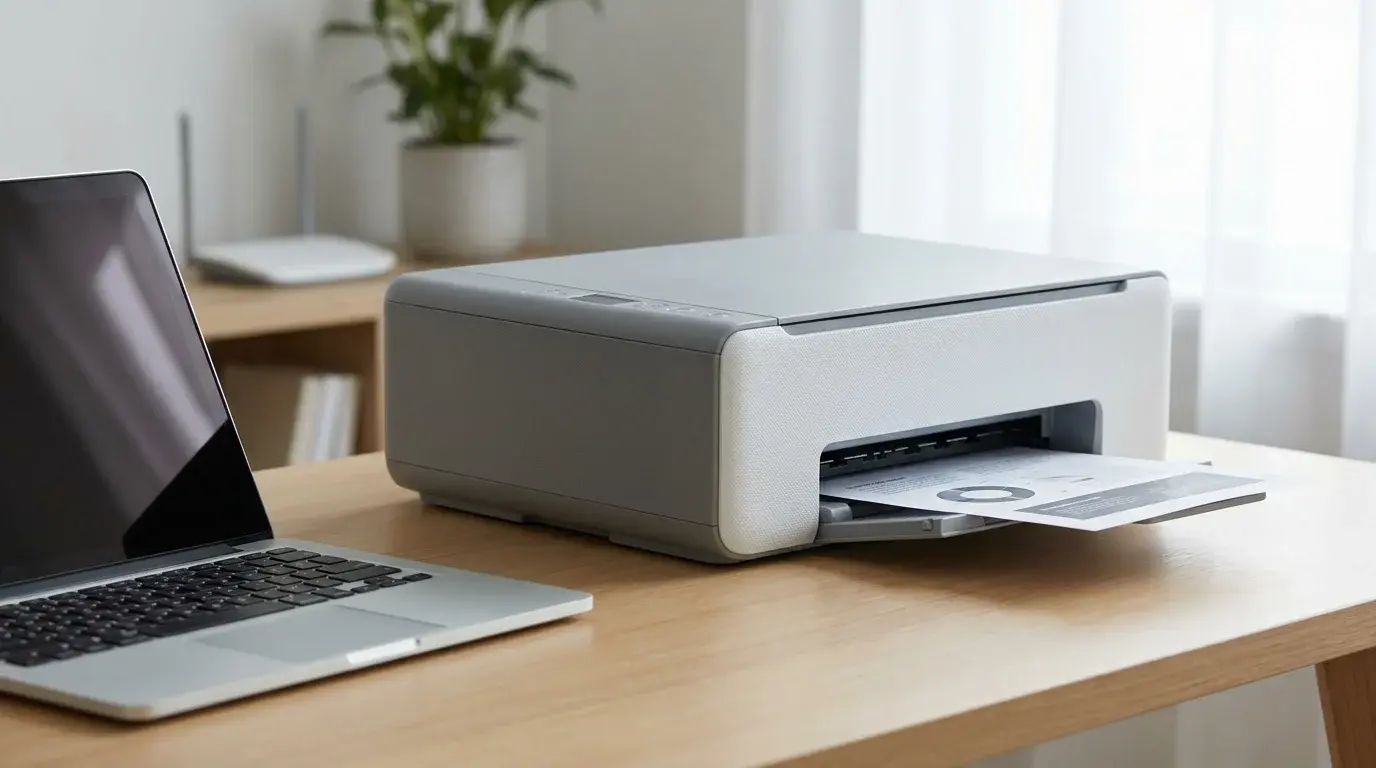 An unbranded home printer beside a laptop and wireless router, illustrating printer connection troubleshooting