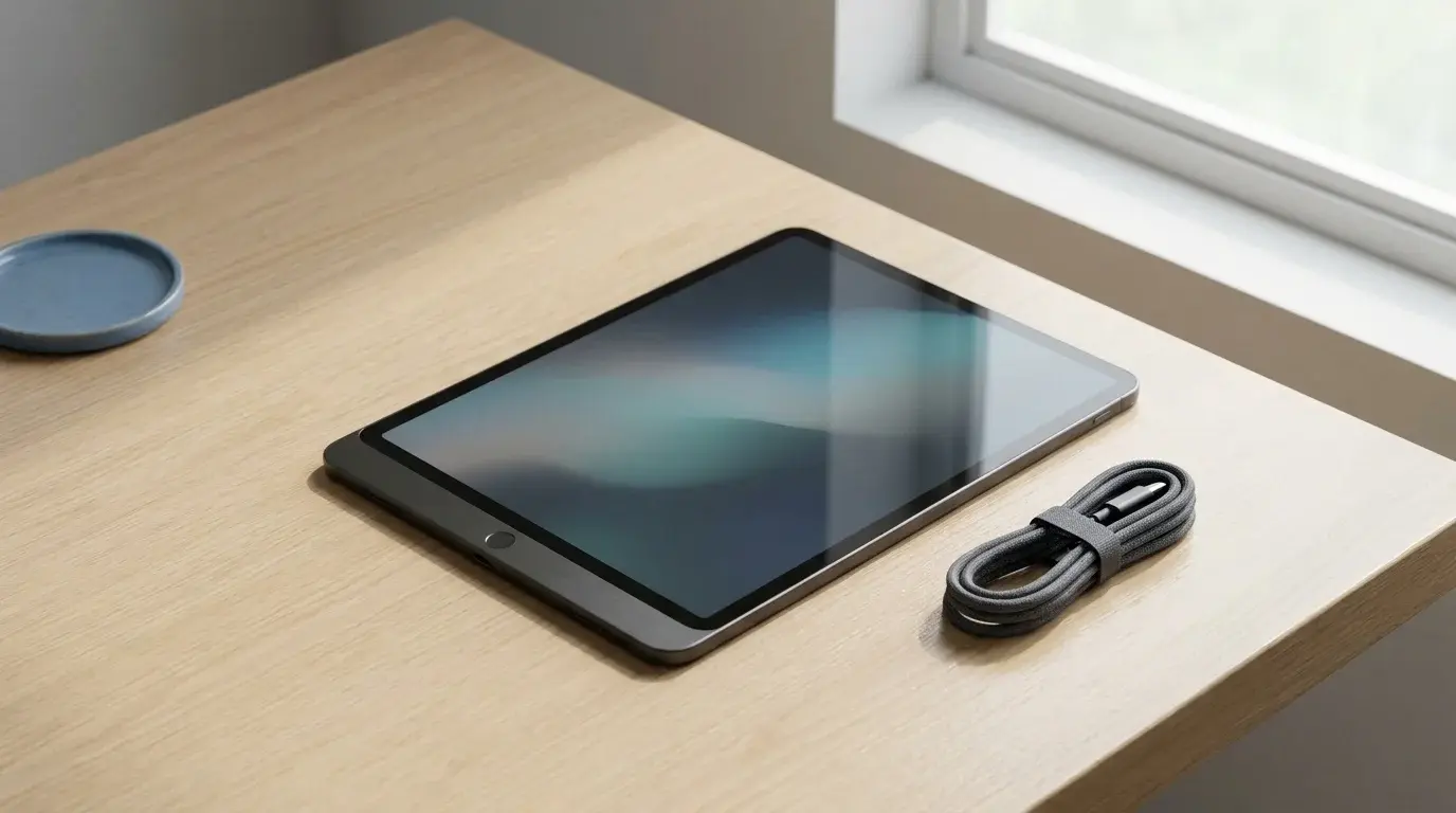 A modern tablet on a clean desk illustrating an iPad battery health check