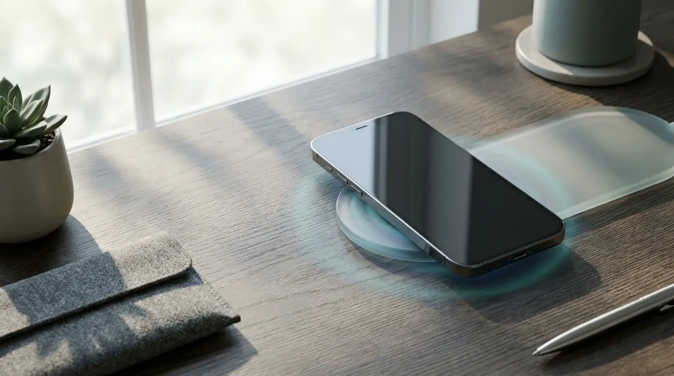A modern smartphone on a clean desk beside a subtle battery-themed visual, representing an iPhone battery health check