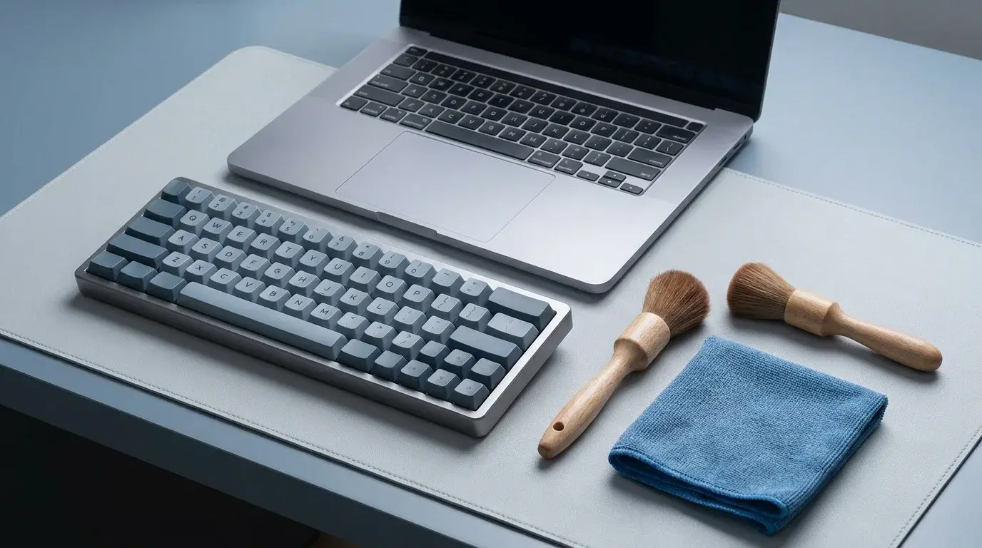Laptop and external keyboard being prepared for careful cleaning on a clean desk