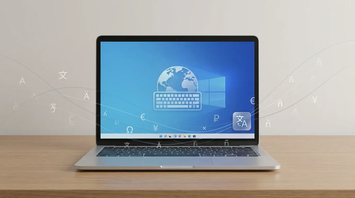 Windows 11 laptop showing keyboard language switching and international keyboard layouts