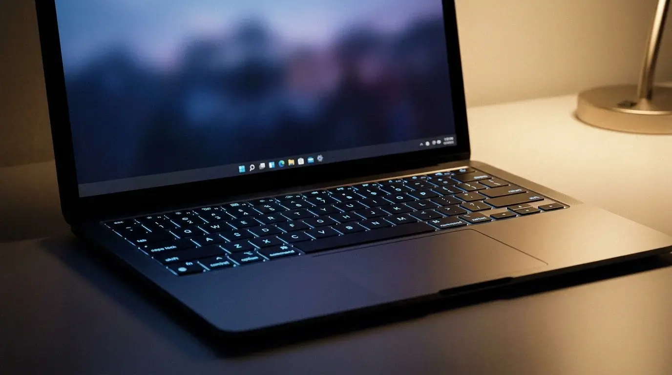 A laptop with its keyboard keys softly illuminated in a dim workspace