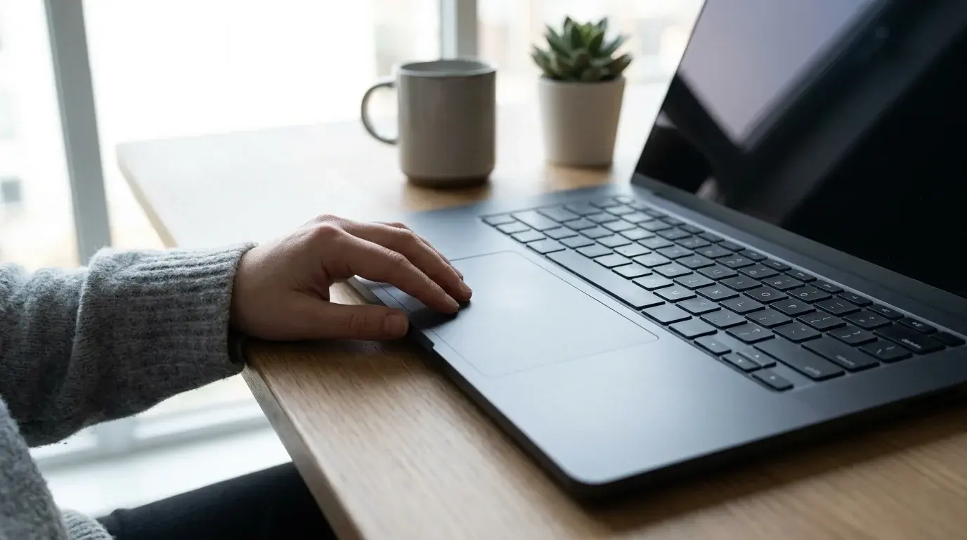 A Lenovo-style laptop on a desk illustrating troubleshooting for an unresponsive touchpad