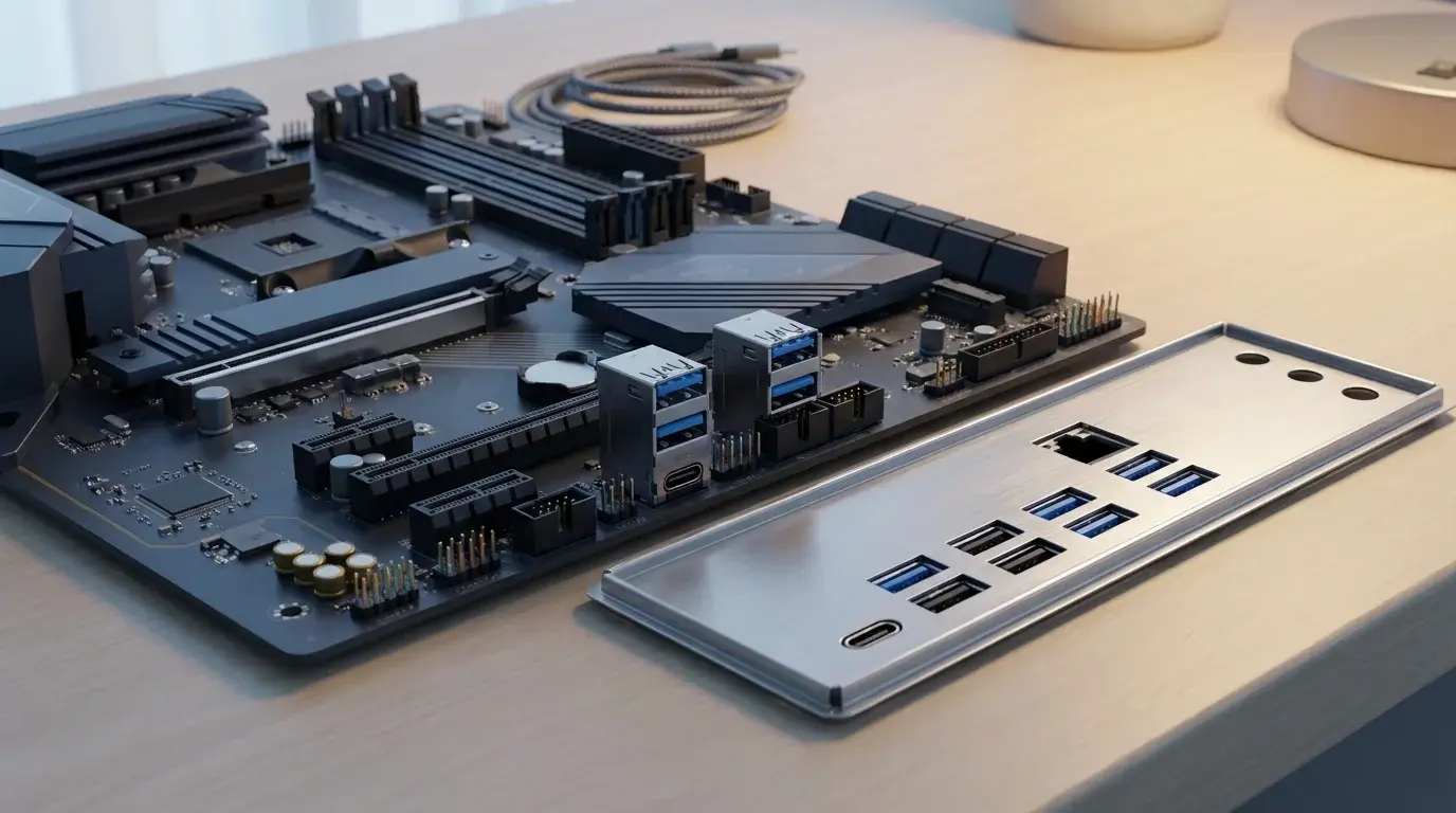 A desktop motherboard's rear I/O panel and internal USB headers illustrated beside a PC case front panel
