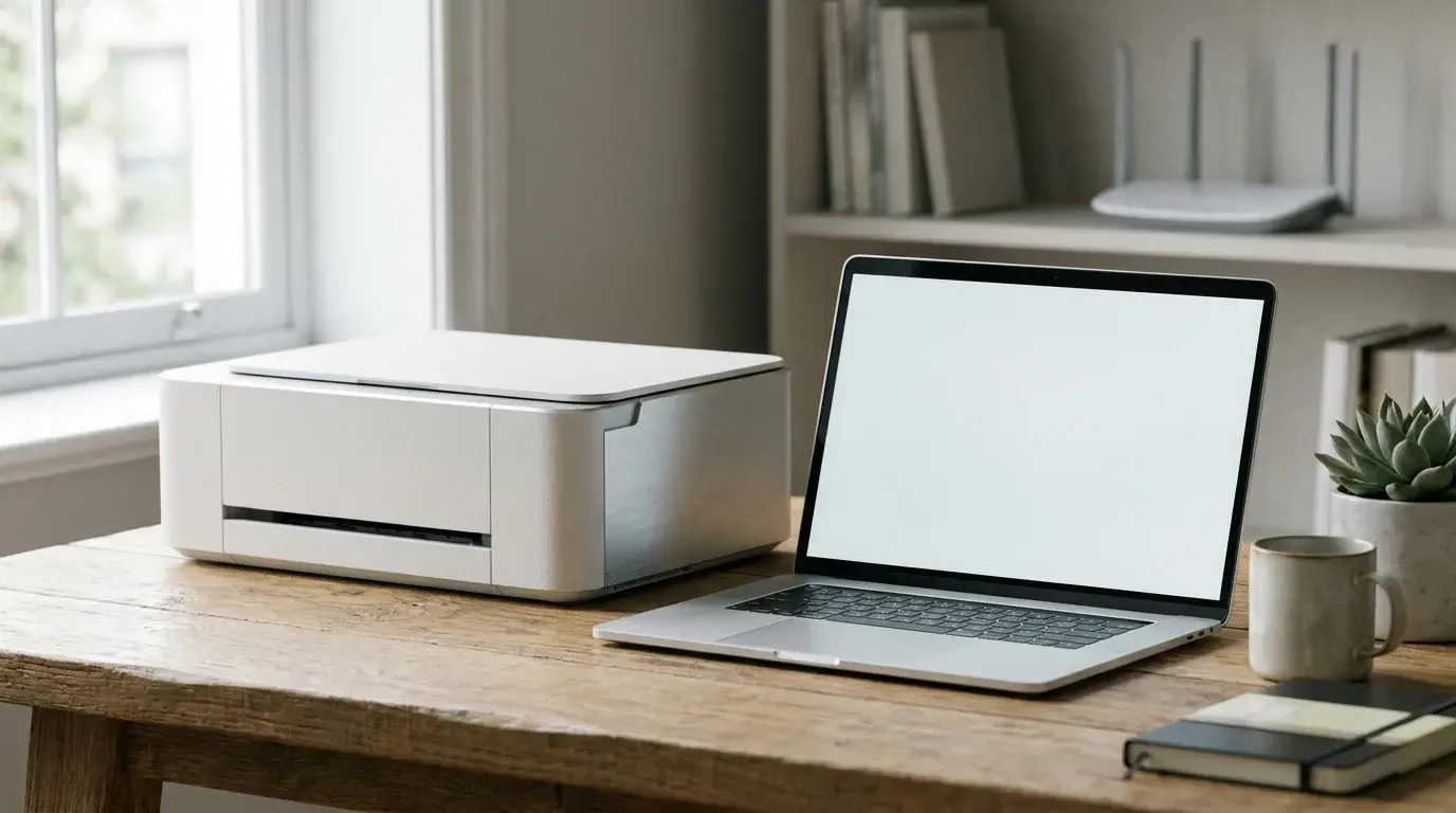 A home printer beside a laptop and a wireless router on a clean desk, illustrating printer connection troubleshooting