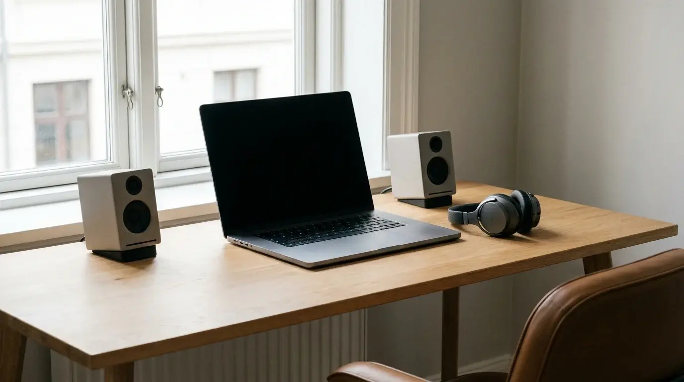 A laptop connected to headphones and desktop speakers on a desk, illustrating PC audio troubleshooting