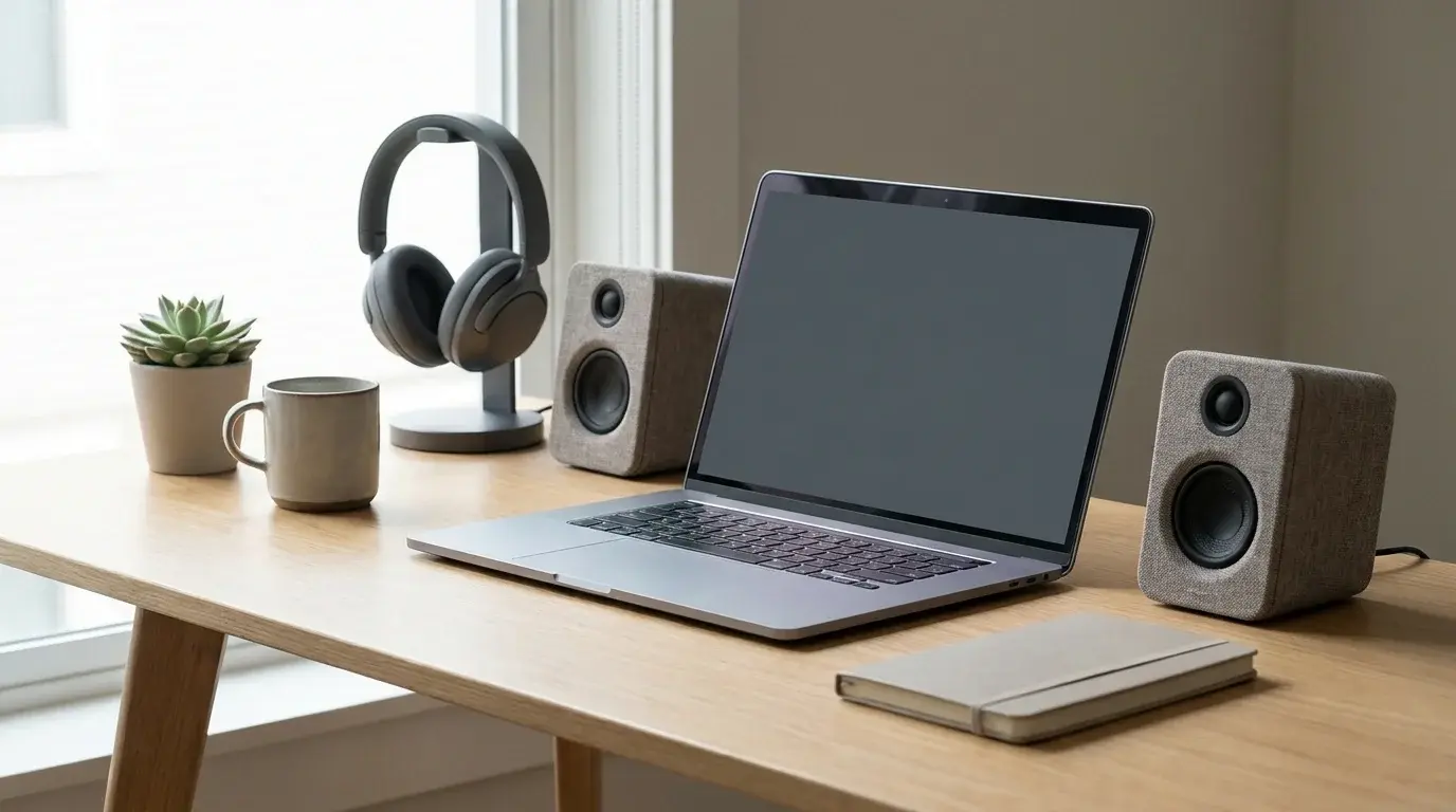 A modern laptop and headphones on a tidy desk, illustrating safe audio driver installation