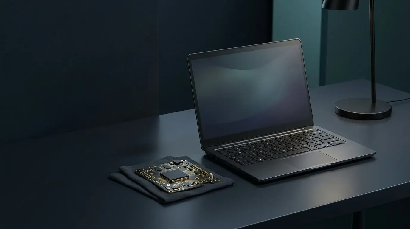 A modern unbranded desktop PC and motherboard on a dark desk illustrating a Windows startup security problem