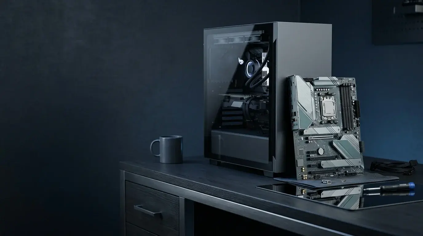 An unbranded modern PC and motherboard on a dark desk illustrating Windows Secure Boot configuration